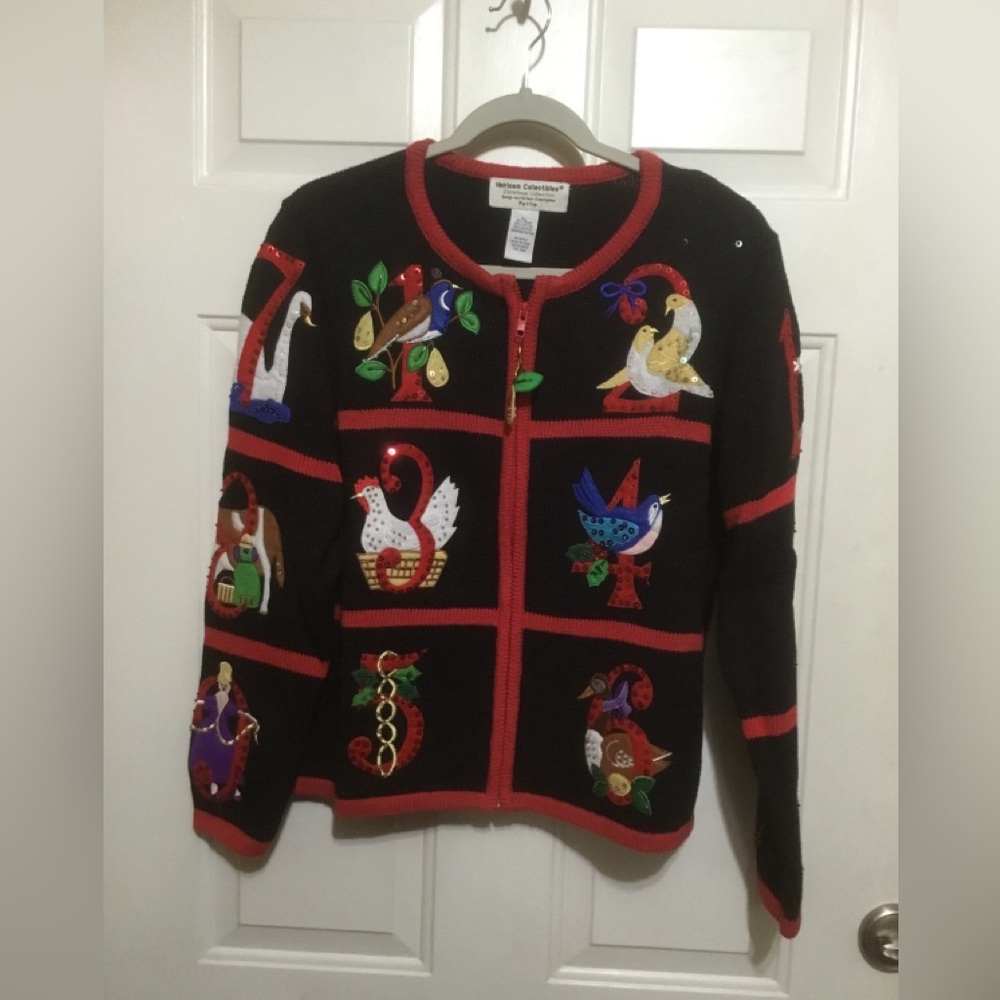 Heirloom Collectibles 12 days of Christmas zip up cardigan size large petite